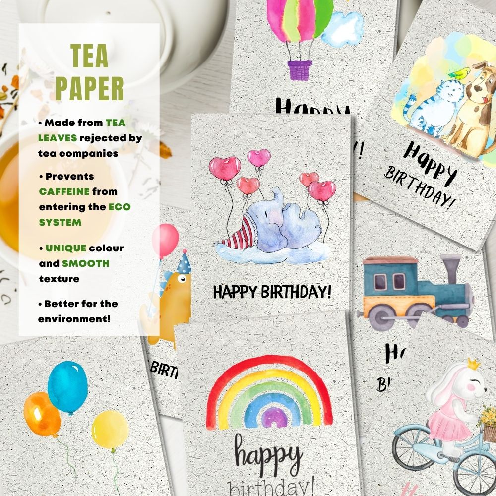 mixed pack of 8 children&#39;s birthday cards made with tea paper