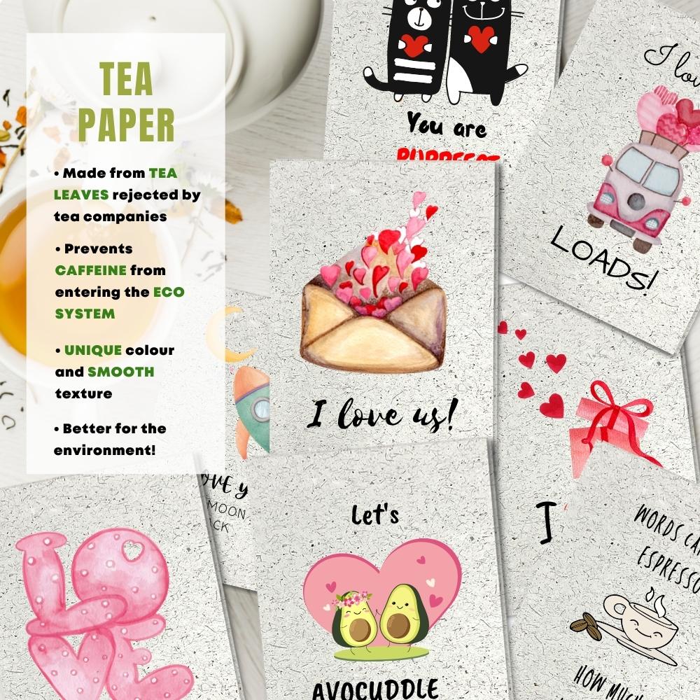 mixed pack of 8 love cards made with tea paper