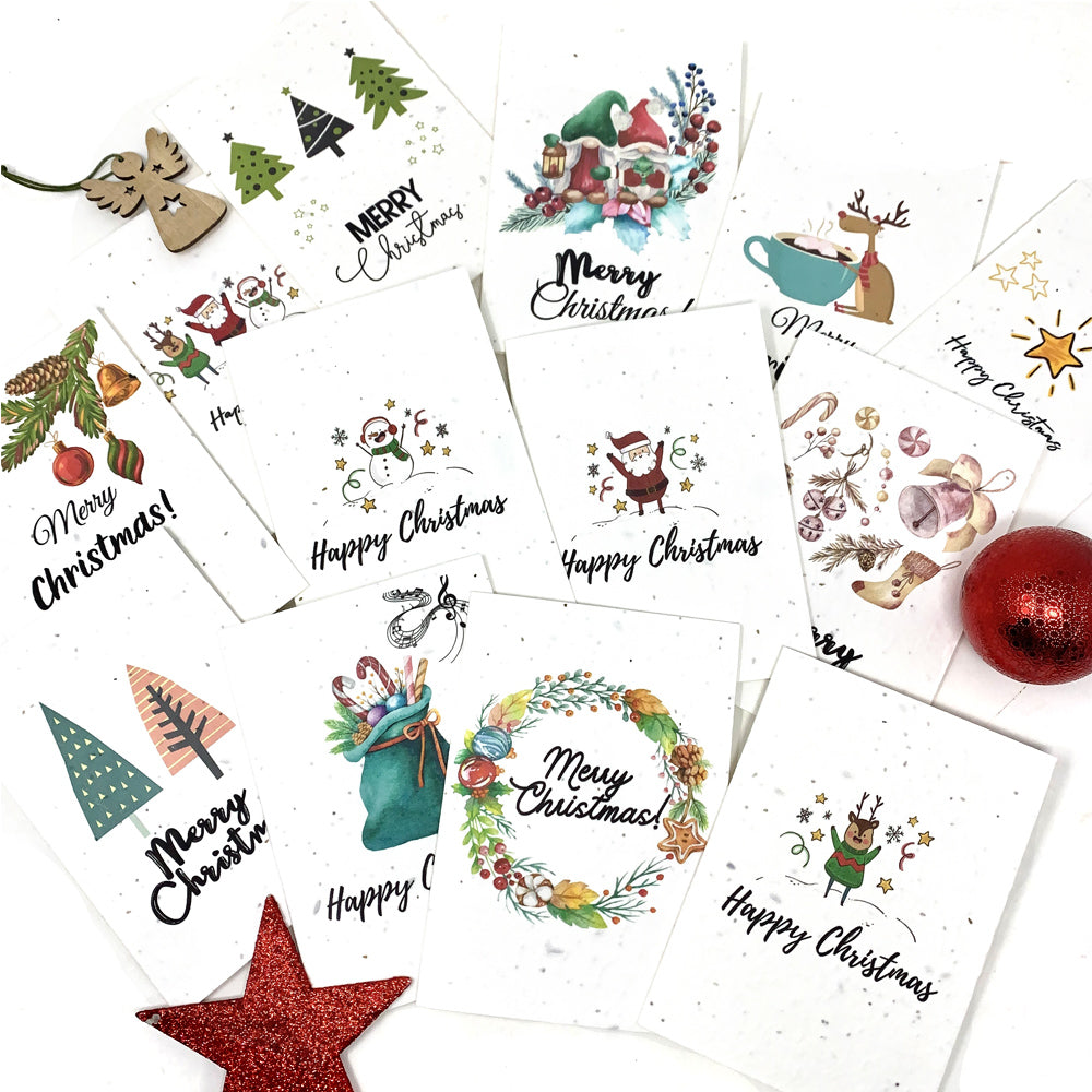 eco friendly christmas cards mixed prints christmas tree, gnome, santa claus, reindeer