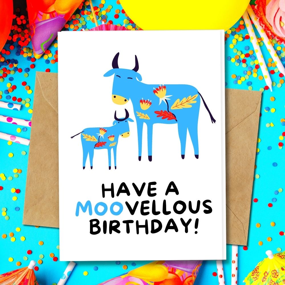 eco friendly birthday card with a cute funny design of moo, made of different types of eco friendly papers
