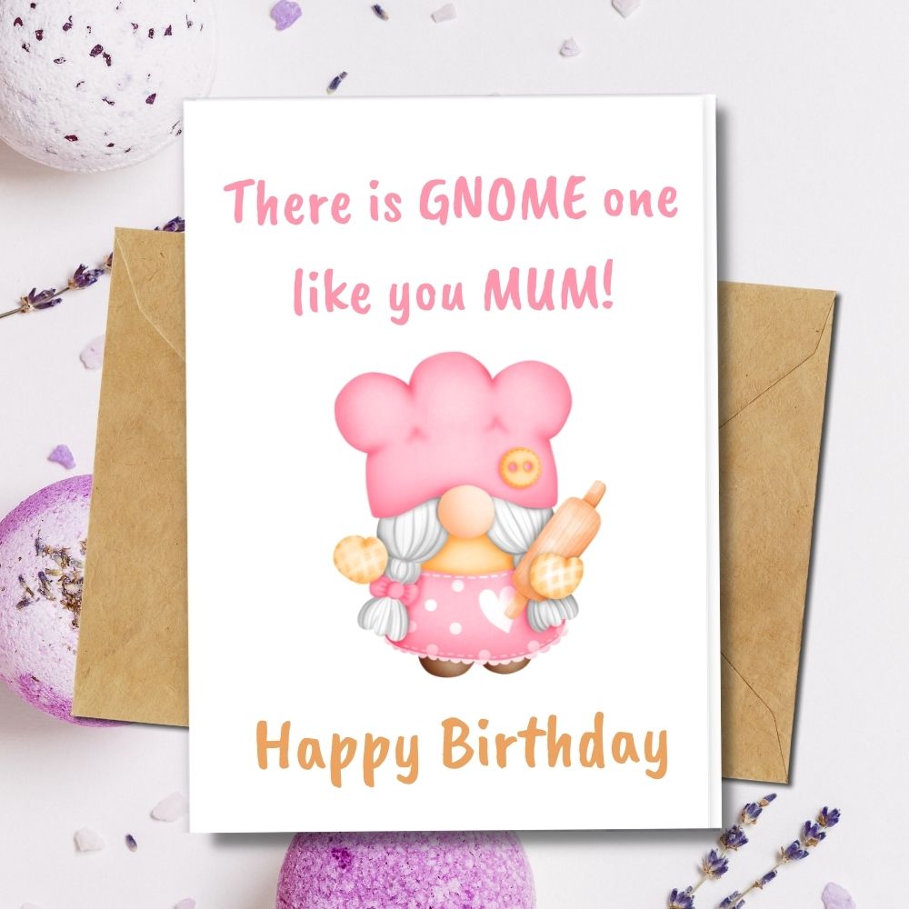 handmade birthday card for a mum that is gnome pink design available in different eco friendly paper