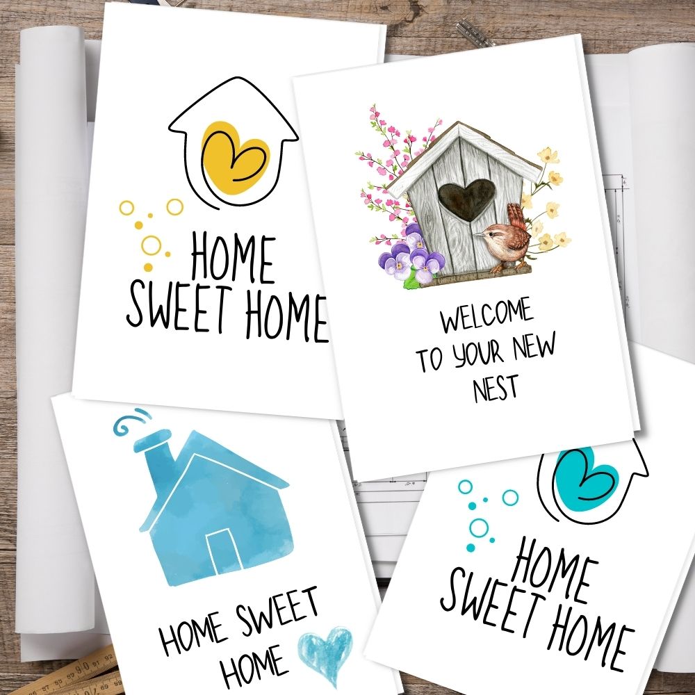 Handmade New Home Greeting Cards, cute design card gift idea add with eco friendly presents
