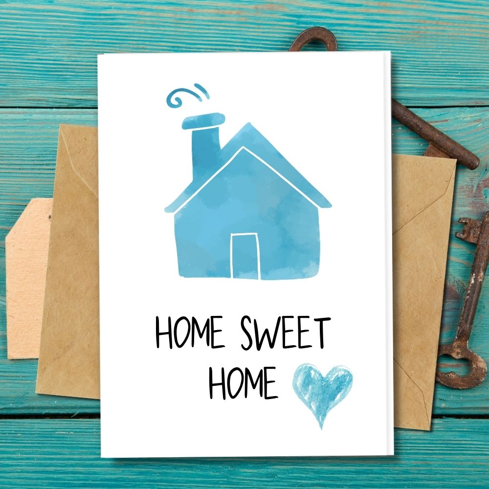 new home card, eco friendly home is where the heart is card design, recycled paper