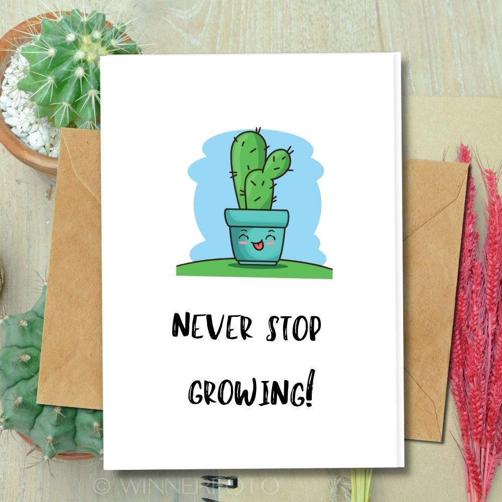 smiley cactus in pot design, never stop growing, eco friendly handmade cards