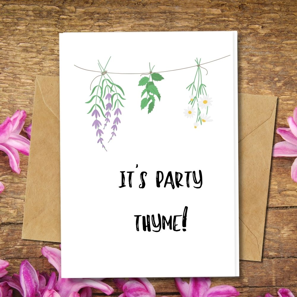 plastic free eco friendly greeting cards, handmade card, it&#39;s a party thyme design plant card