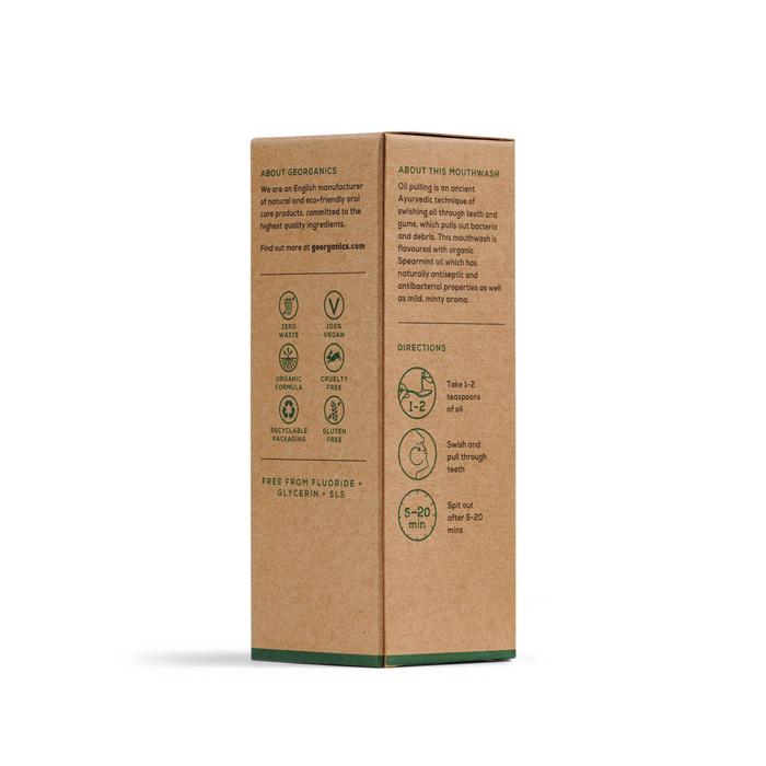oil pulling mouth wash with spearmint oil in brown cardboard box
