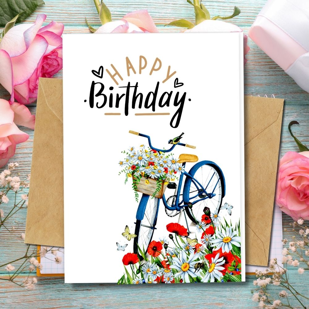 eco friendly birthday card for your love ones, made of eco friendly paper with a gorgeous design of bicycle and flowers card