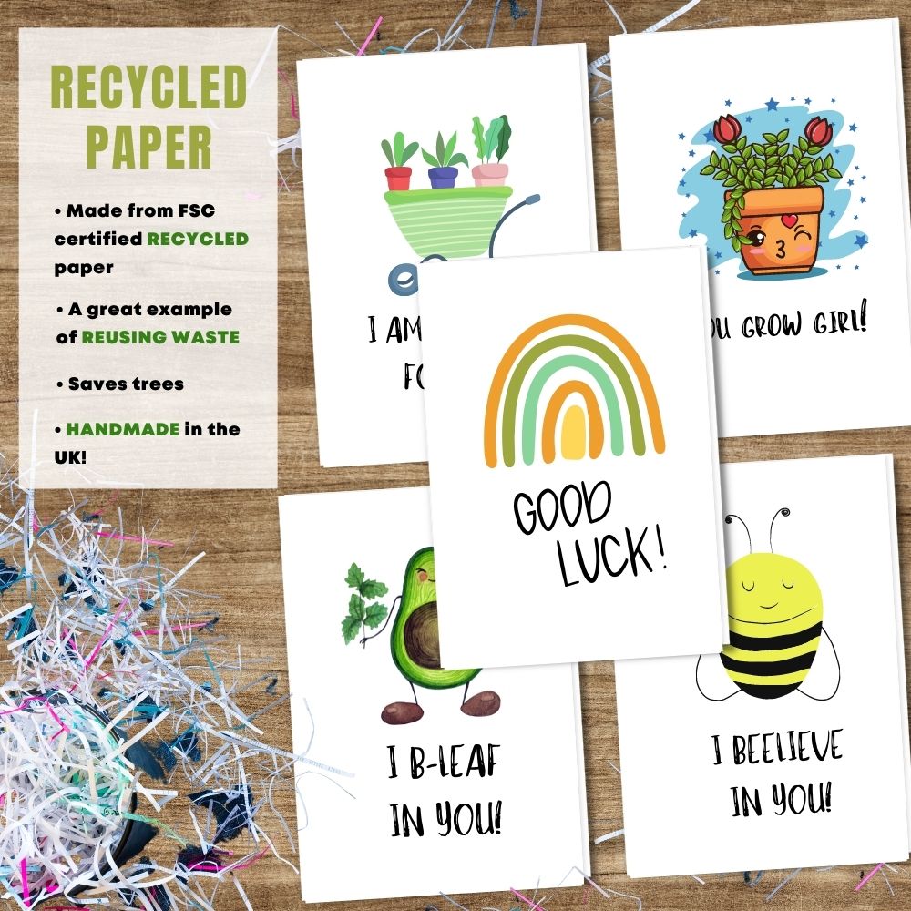 mixed pack of 5 good luck cards made with 100% recycled paper