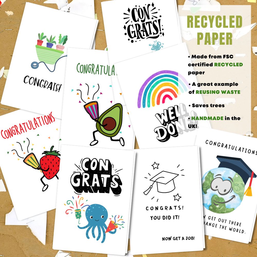 mixed pack of 8 congratulation cards made with 100% recycled paper