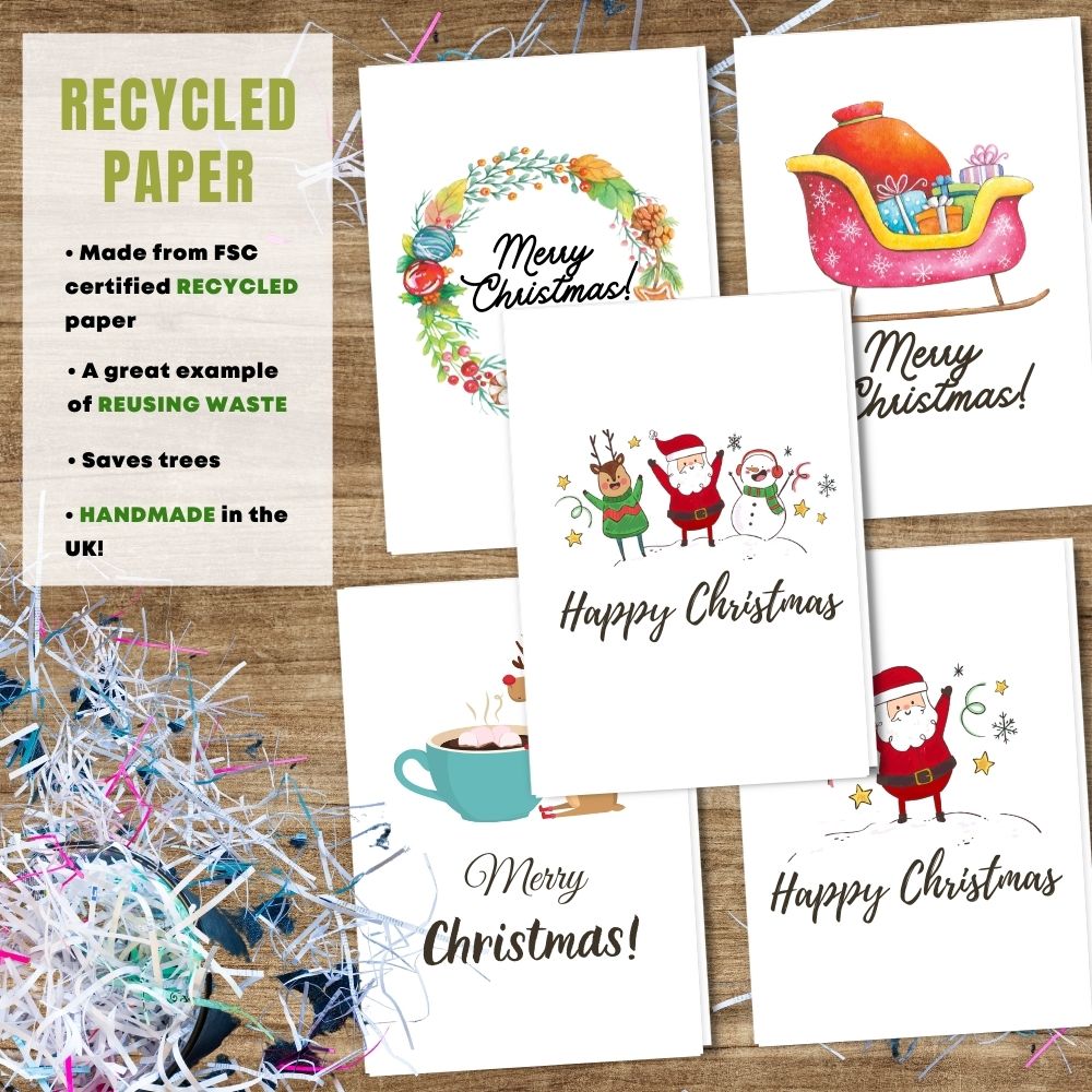 mixed pack of 5 greeting cards made with 100% recycled paper