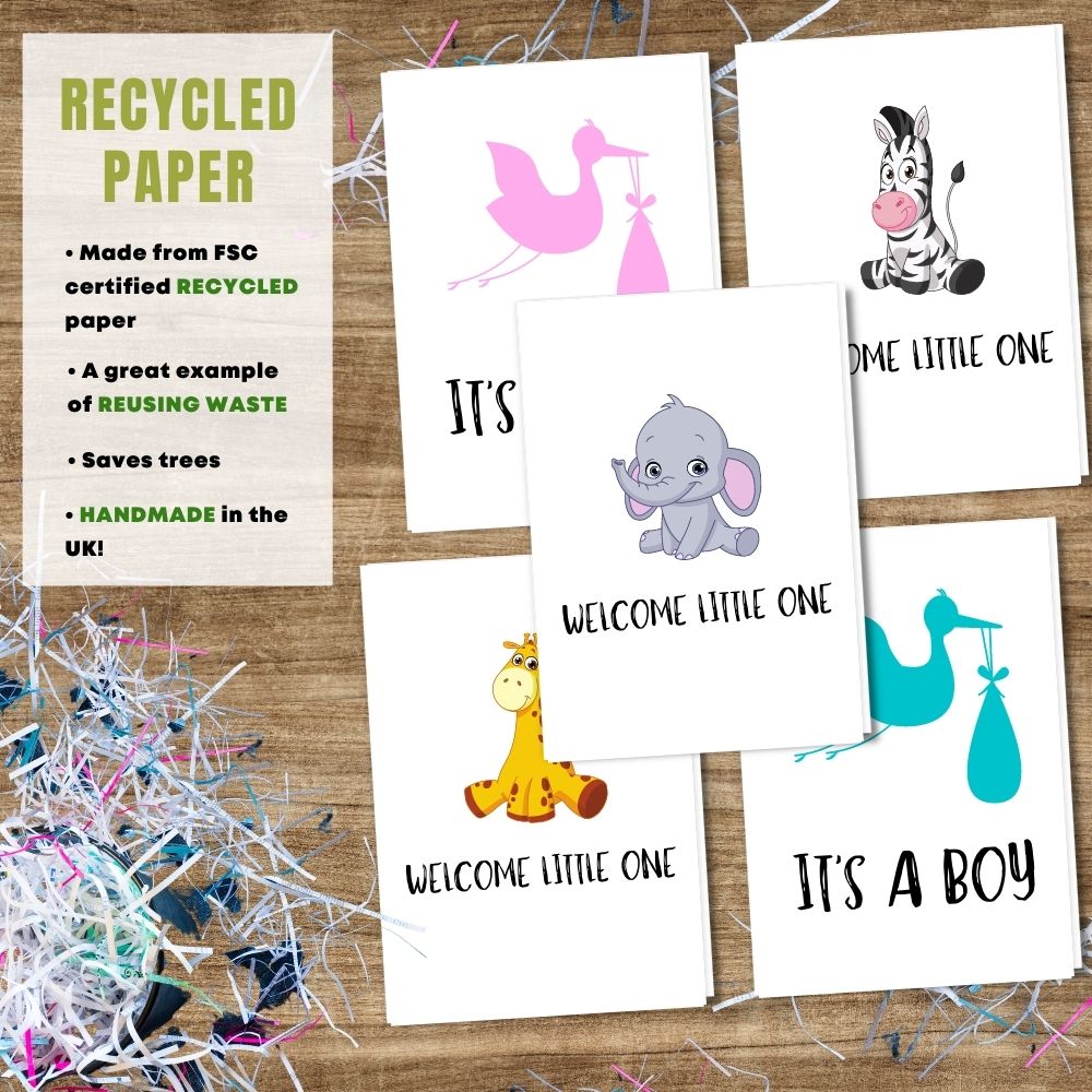 Mixed Pack of 5 New Baby Card made with 100% recycled paper