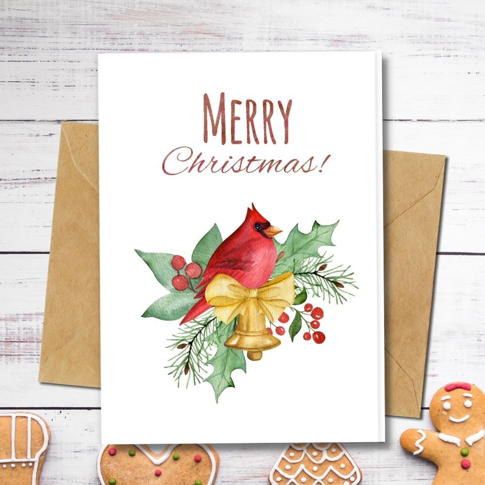 handmade eco christmas card with bird and bell design