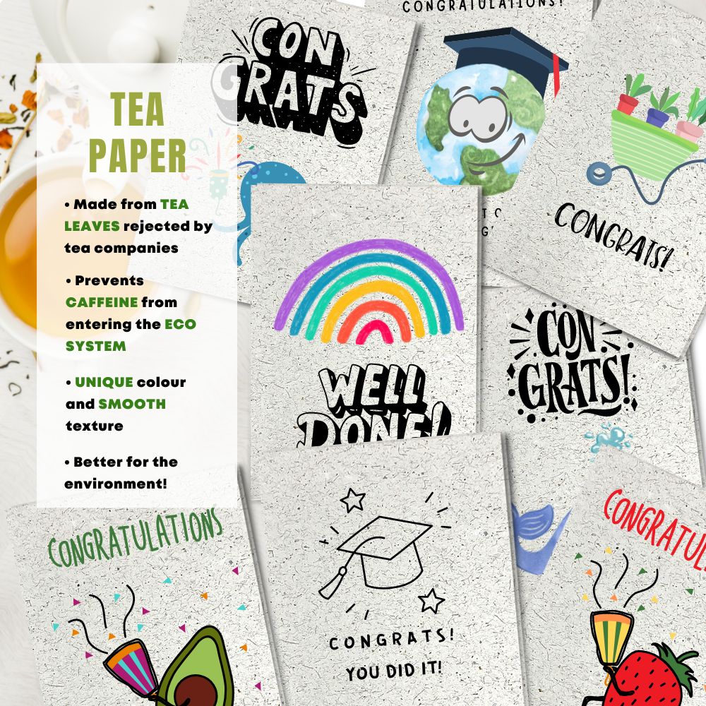 mixed pack of 8 congratulation cards made with tea paper