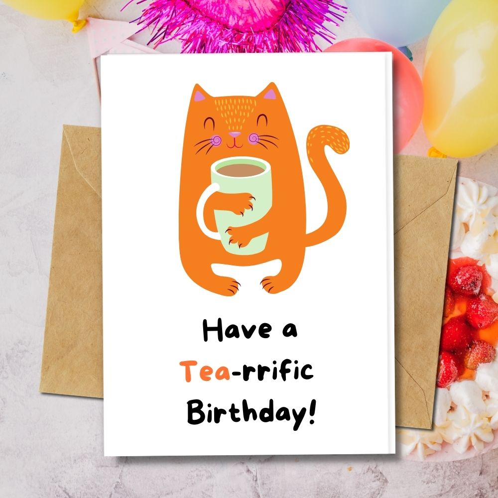 handmade birthday cards with a cute cat and tea designs made of eco friendly papers