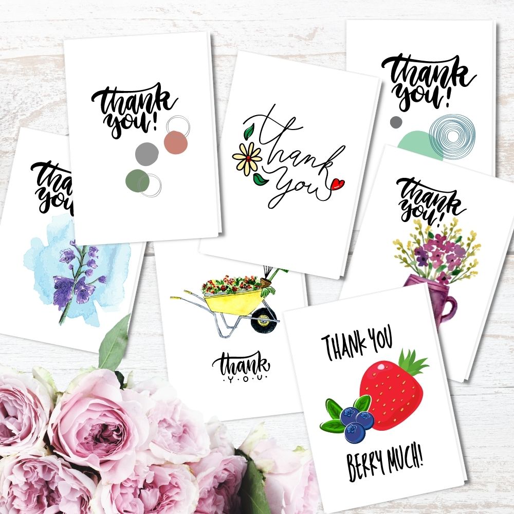 eco friendly handmade thank you cards, cute and fun designs are available in mixed print packs of 5 and 8