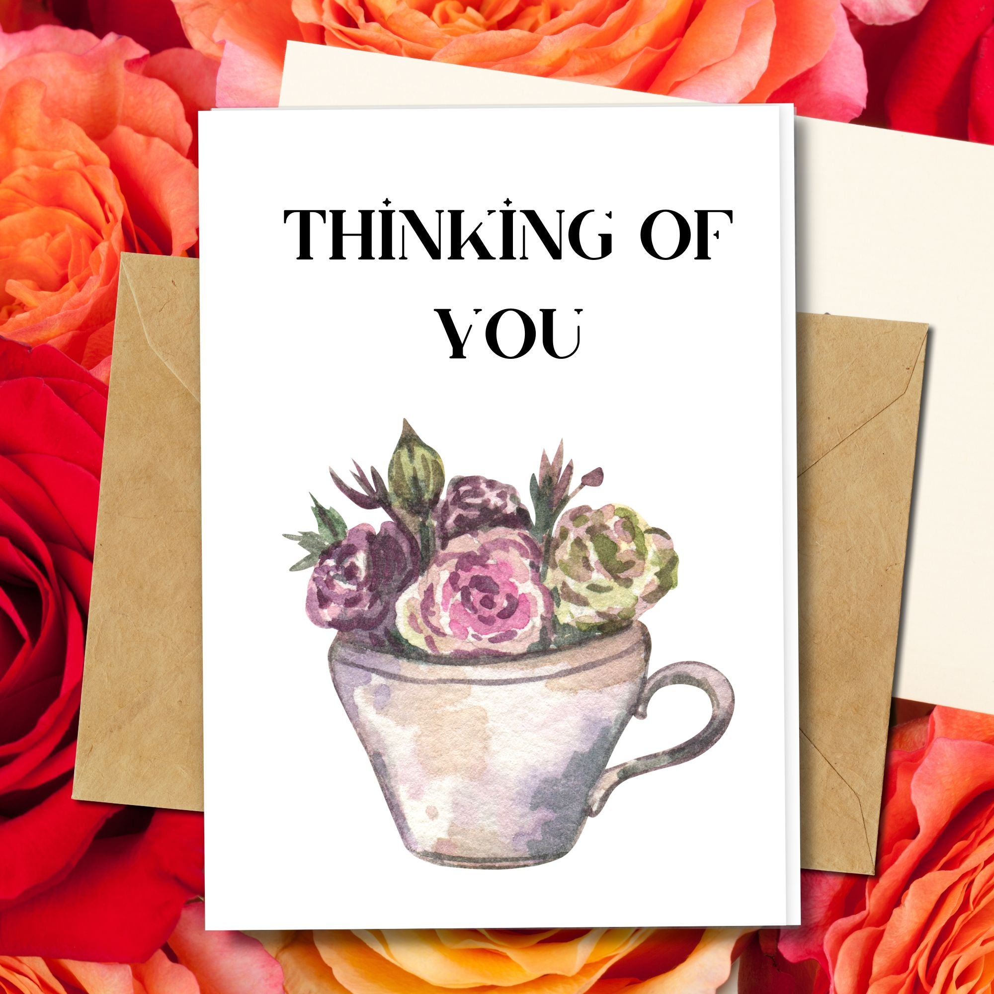 eco friendly handmade greeting card thinking of you with a tea cup design made in seed paper, cotton paper, tea paper and more