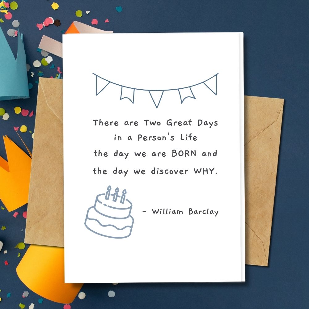 minimalist birthday cards with a cake design and a quote two great days are when we are Born and discover Why