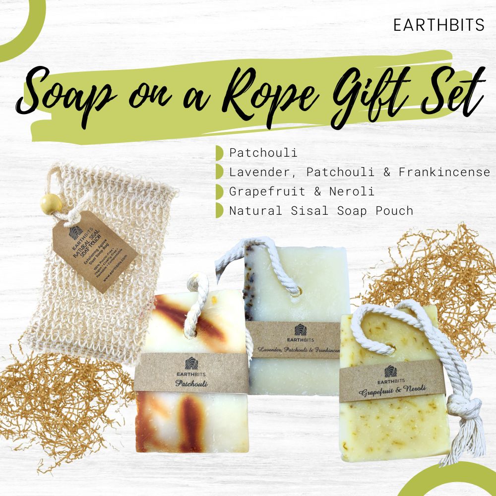 handmade soap on a rope patchouli, lavender, frankincense, grapefruit &amp; neroli scent, Natural sisal soap pouch, earthbits, gift set