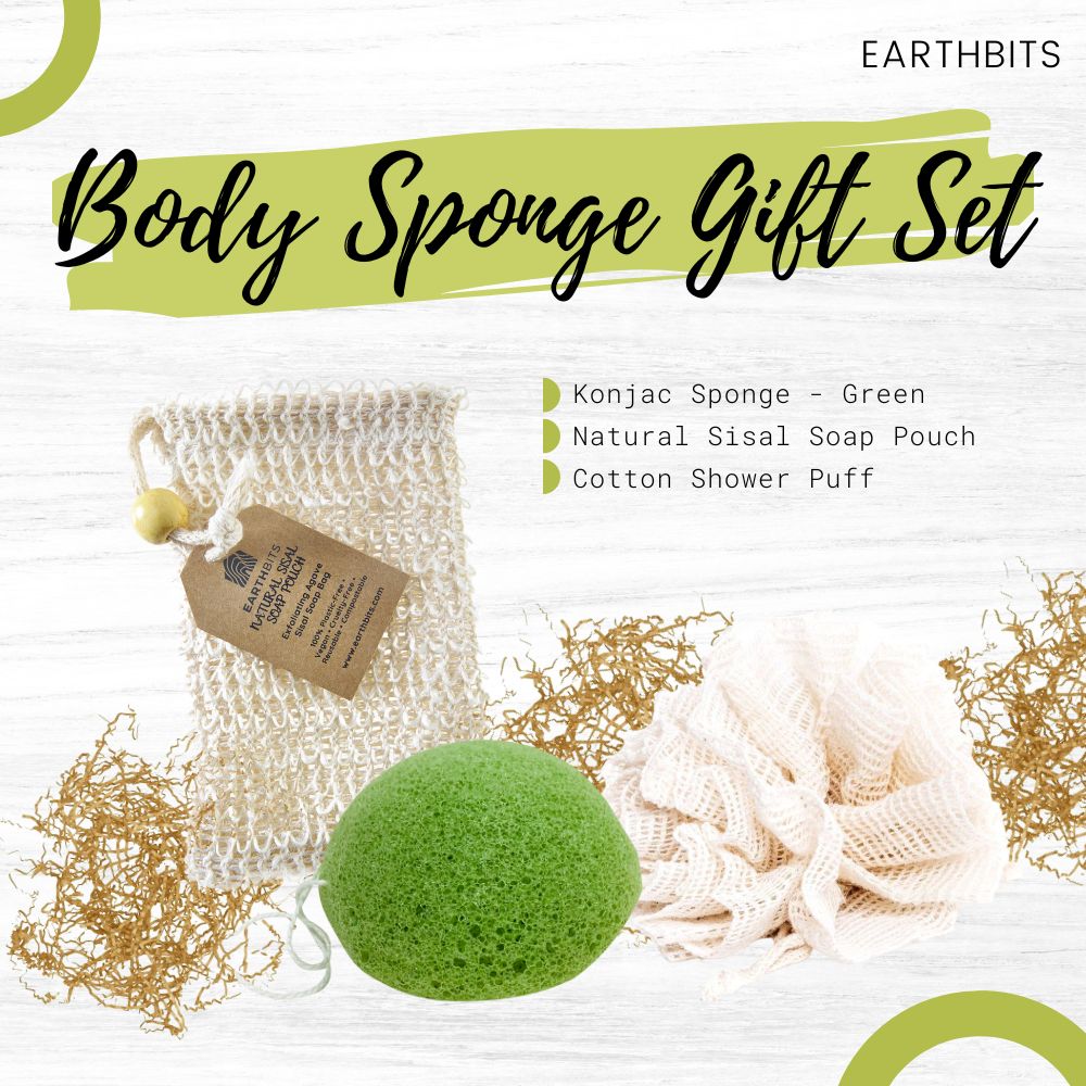 Body Sponge Gift Set: Green Konjac Sponge, Natural Sisal Soap Pouch and Cotton Shower Puff