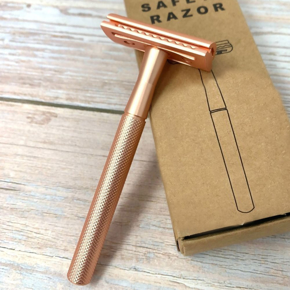 salmon rose steel double edge safety razor with stainless steel blades and eco-friendly packaging